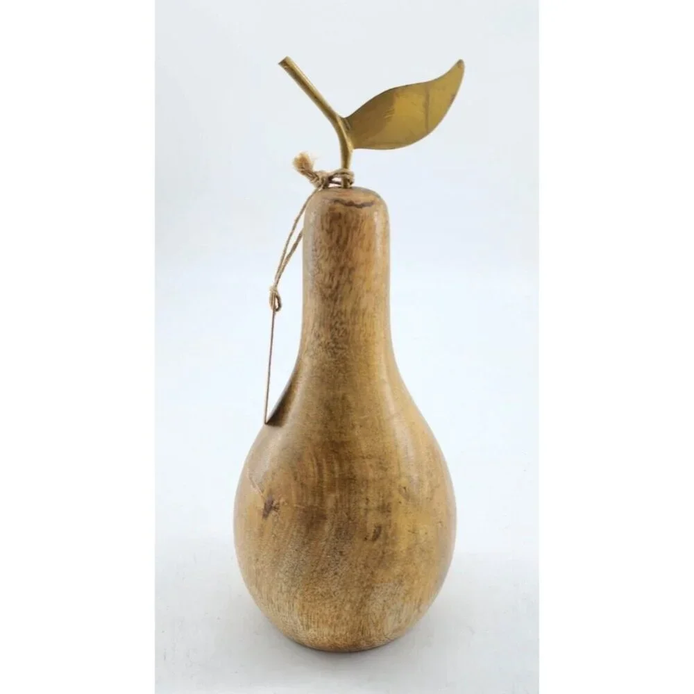 NEW Hand Carved Mango Wood‎ Decorative Pear With Metal Stem & Leaf MCM Design